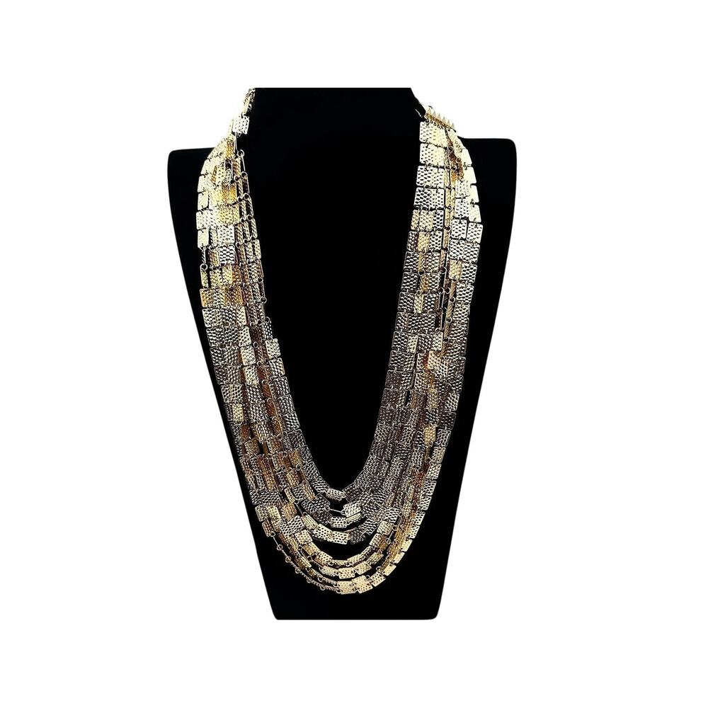 Vintage Graziano Multi-Strand Statement Necklace Gold Tone Hammered Bib Cascade